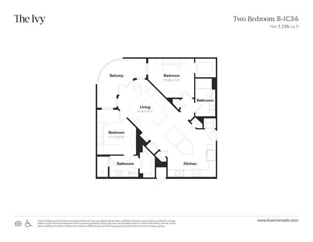 Floor plan for 2 beds, 2 baths, 1135 sqft